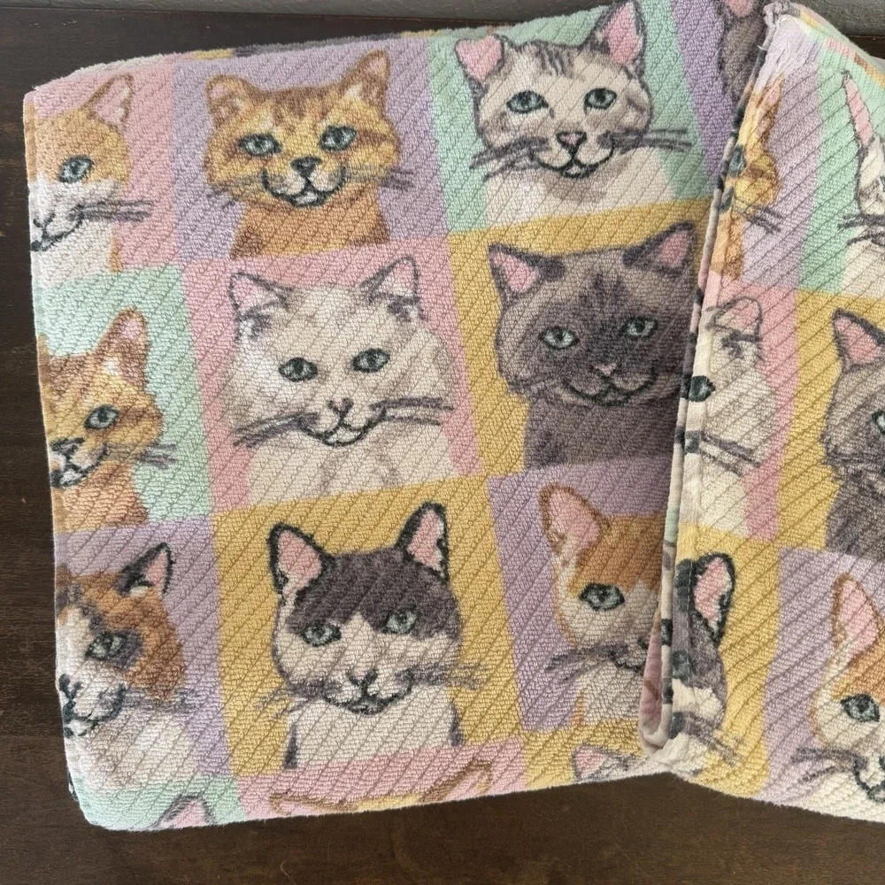 Deborah Connolly‎ Cat Face Bath Towels Set Pastel Checkered Cotton Cat Lady 3pc